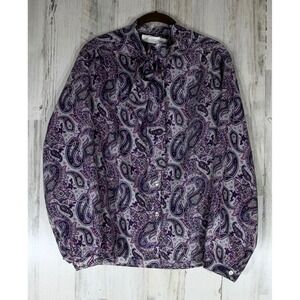 Lady Arrow Blouse Large Purple Paisley 80s Secretary Tie Neck Dark Academia USA